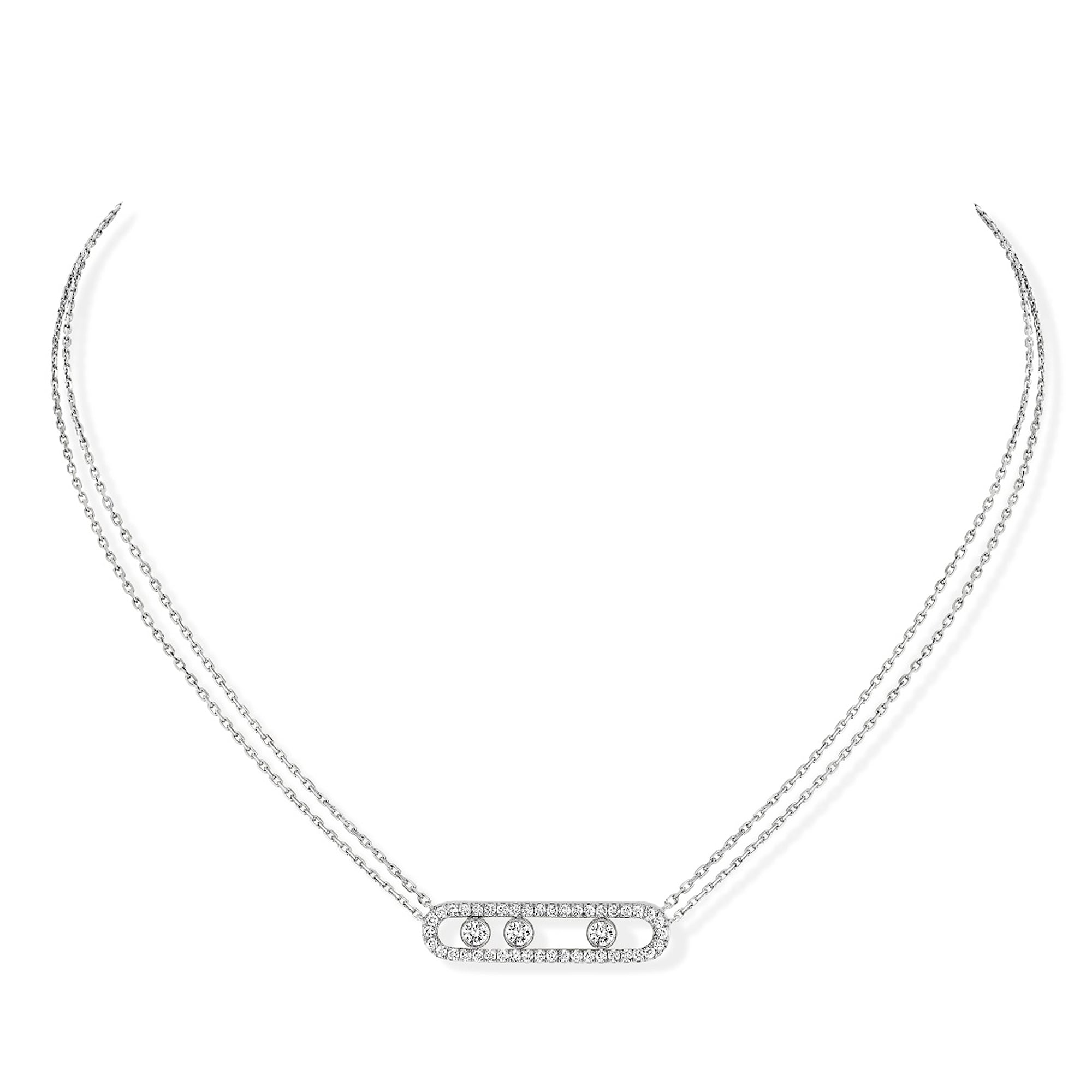 18ct White Gold Move Pave Three Diamond And Pave Set Diamond Necklace