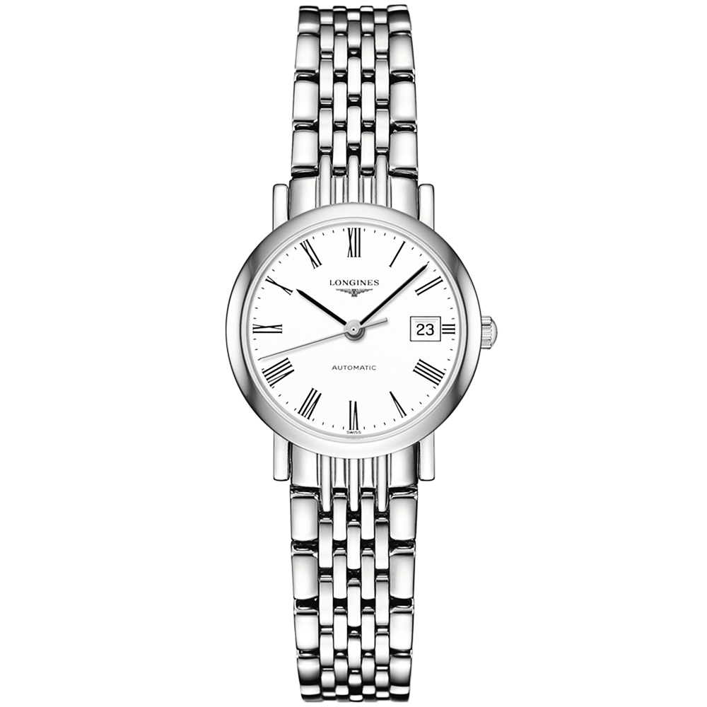 Longines Elegant 25mm White Roman Dial Ladies Automatic Bracelet Watch