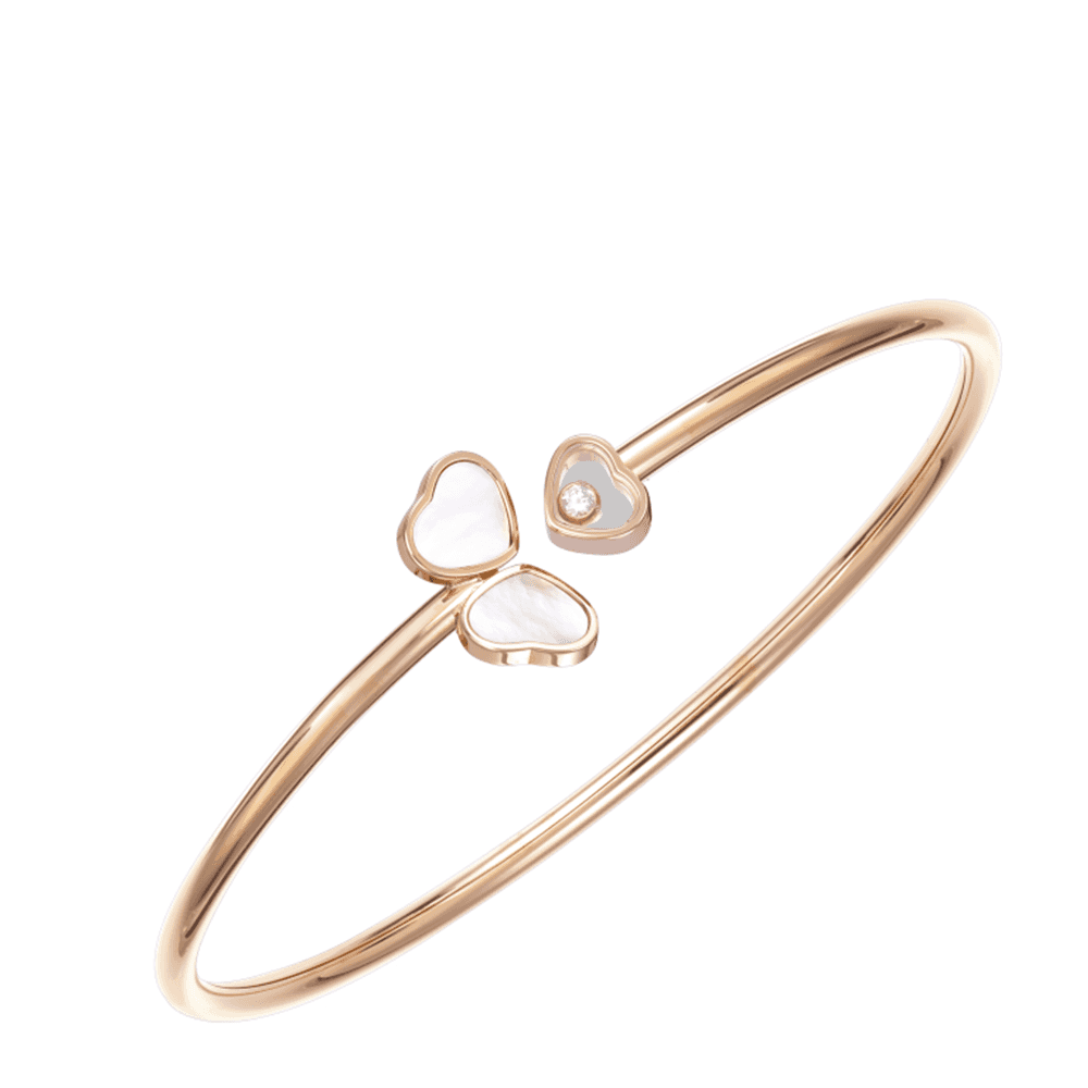 18ct Rose Gold Happy Hearts Wings Three Heart Bangle With Mother Of Pearl One Single Floating Diamond