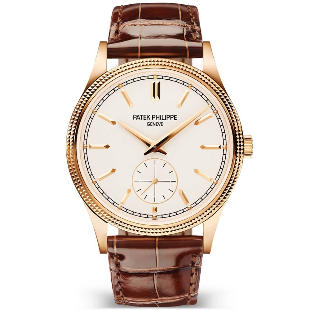 Patek Philippe Calatrava men's watch in 18k rose gold with a leather strap.