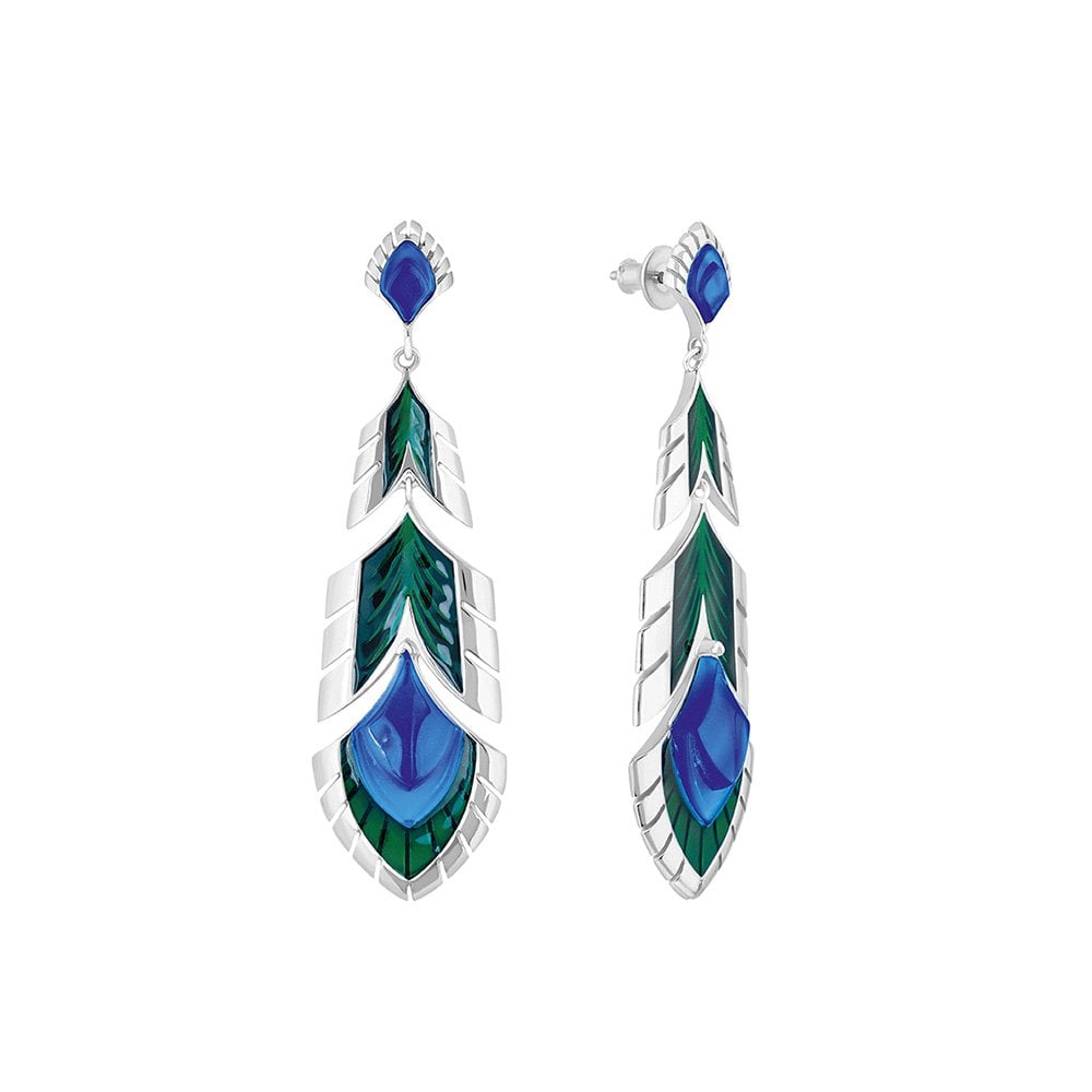 Paon Blue Crystal Green Lacquer Silver Drop Earrings