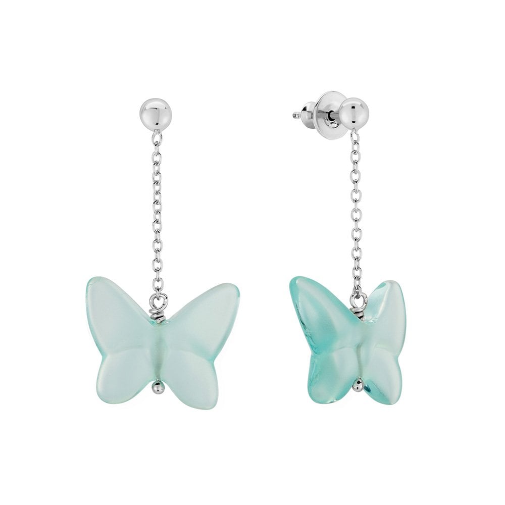 Lalique Papillon Silver & Lagoon Green Crystal Drop Earrings