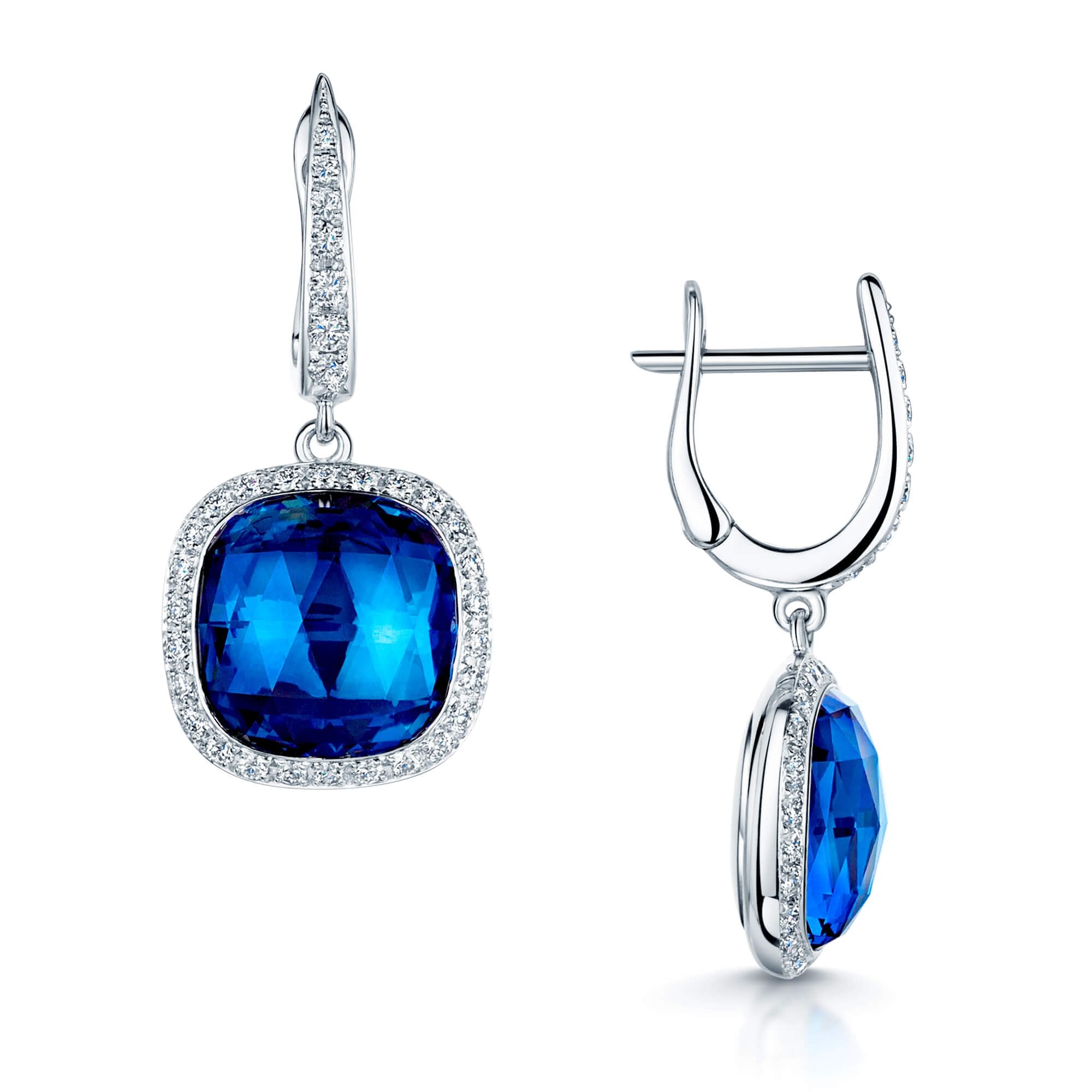 18ct White Gold London Blue Topaz Cushion Cut Drop Earrings With Diamond Halo Diamond Drop Detail