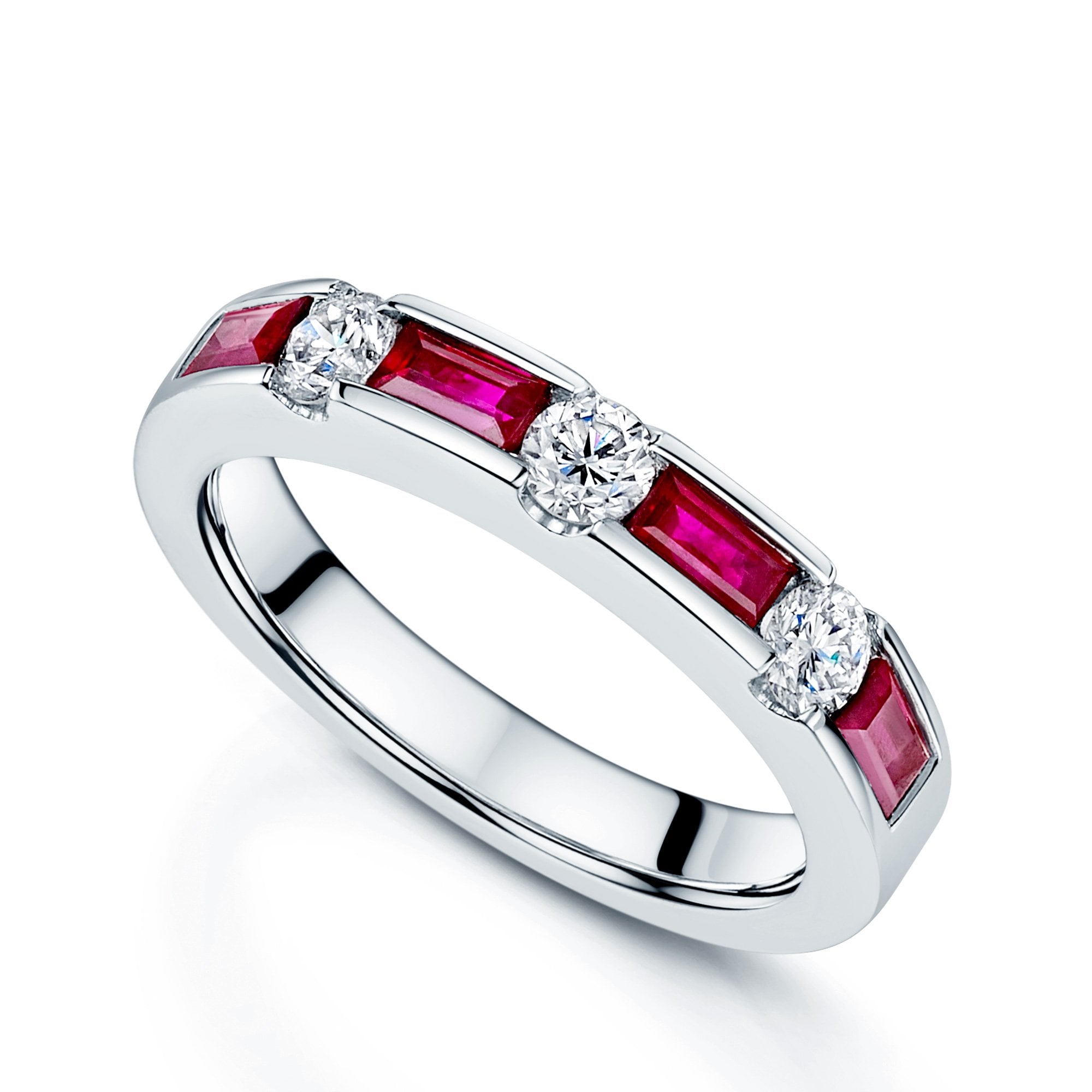 Ruby and diamond channel clearance set ring