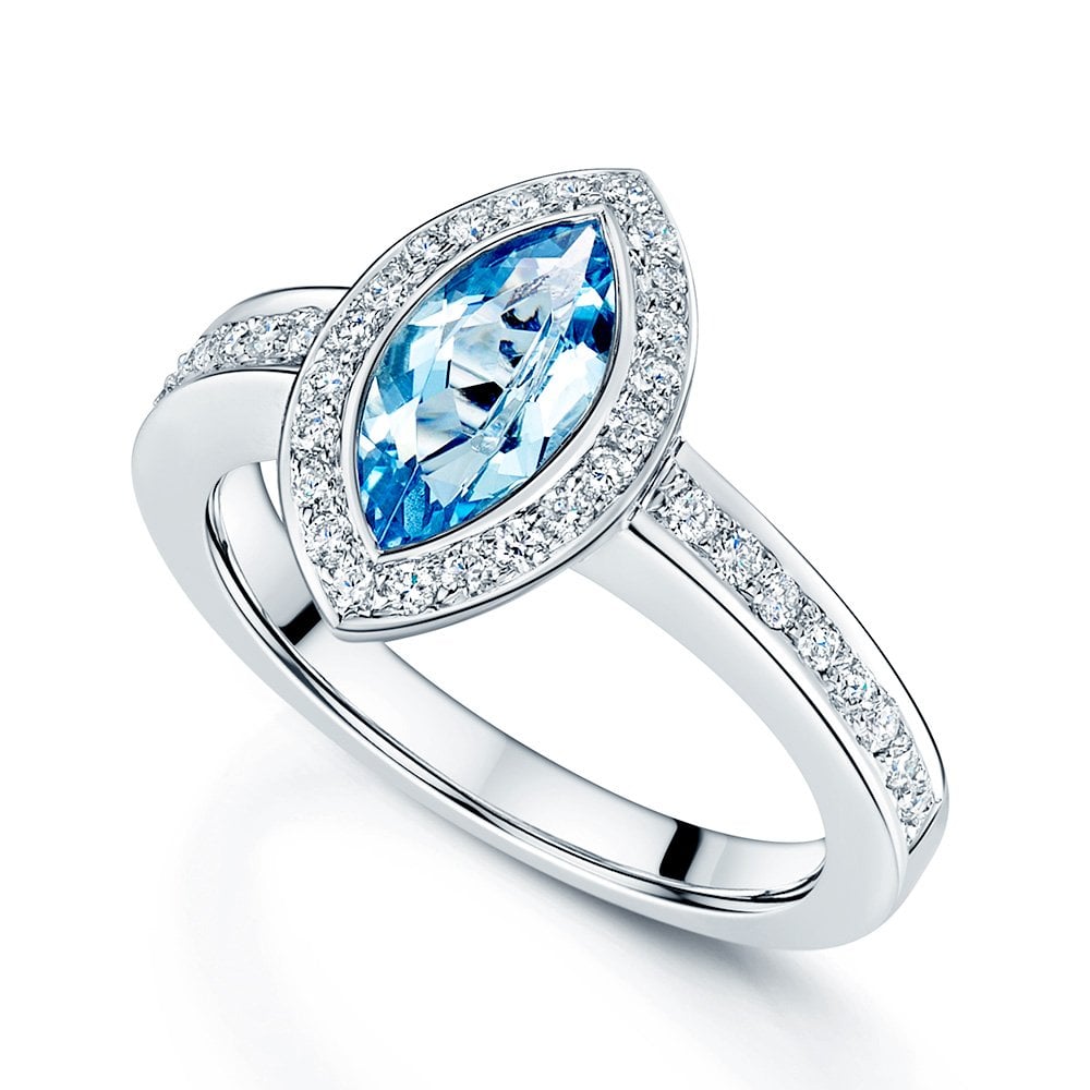 Diamond ring store with aquamarine halo