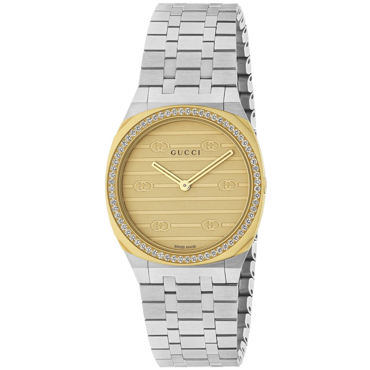 GUCCI 25H 30mm Yellow Dial Two Tone Diamond Bezel Stainless Steel Bracelet Watch