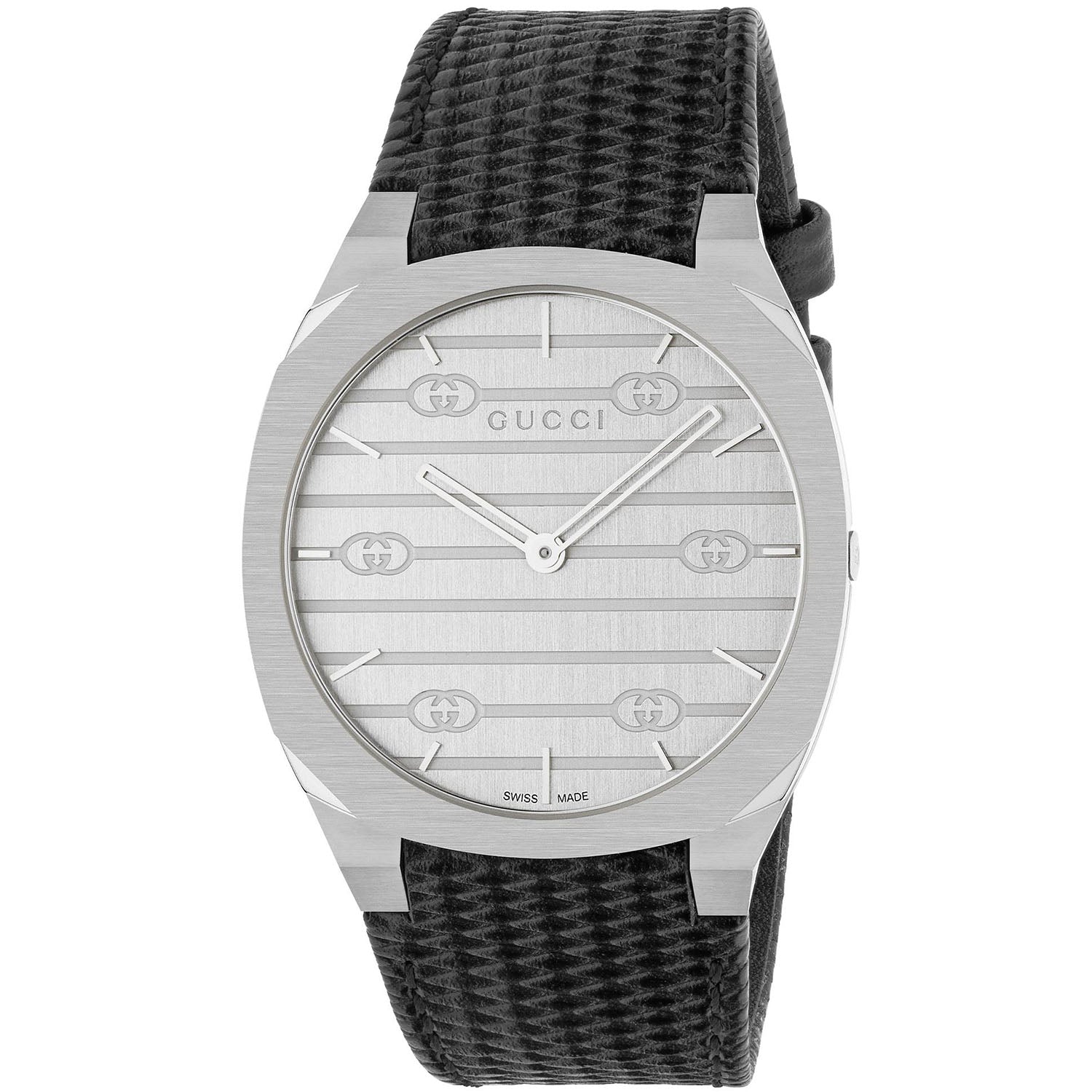 GUCCI 25H 34mm Stainless Steel Black Leather Strap Watch With A Silver Dial & Bezel