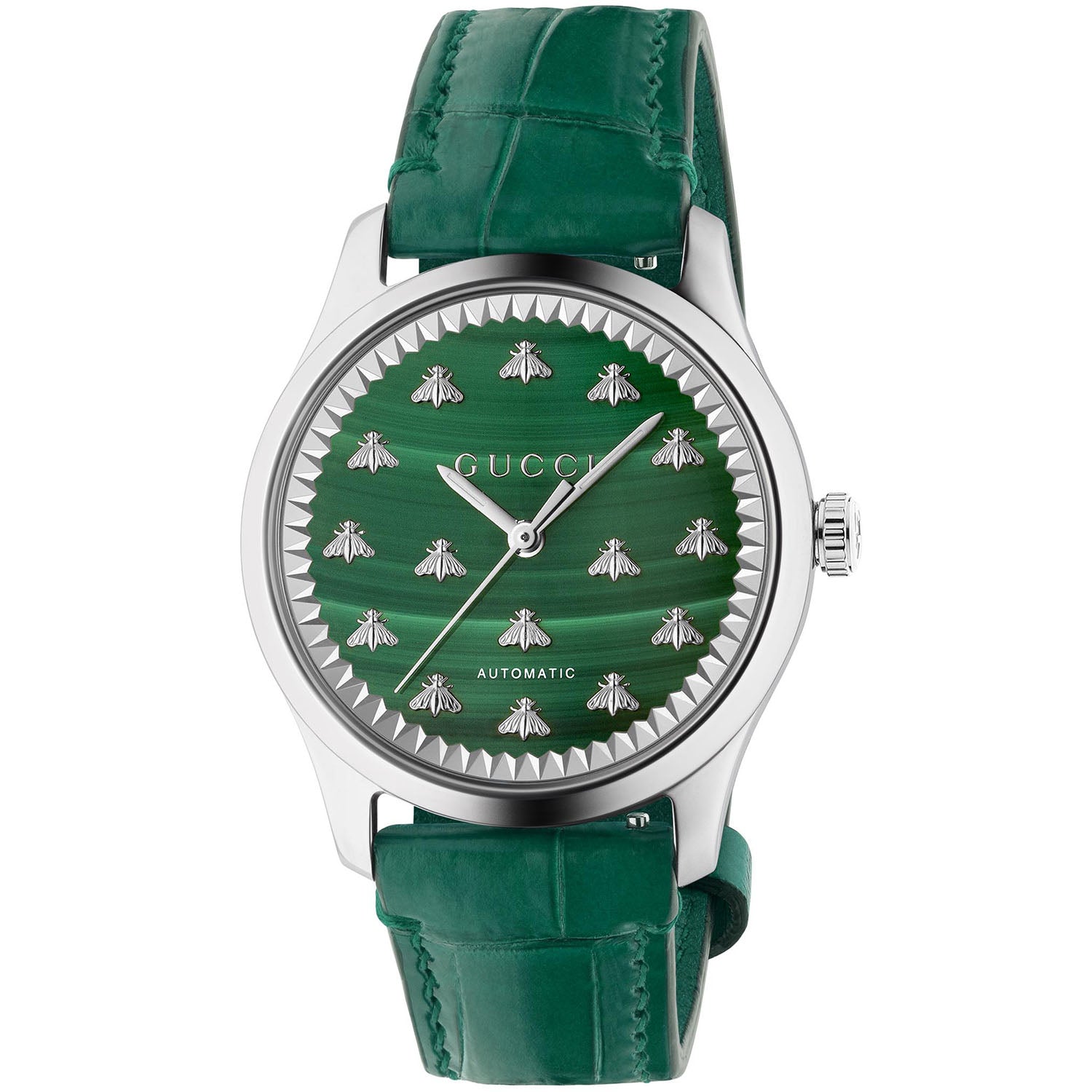 G-Timeless 38mm Automatic Green Leather Strap Watch With A Green Malachite Dial