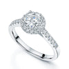 Platinum GIA Certificated Round Brilliant Cut Diamond Halo Ring With Diamond Shoulders