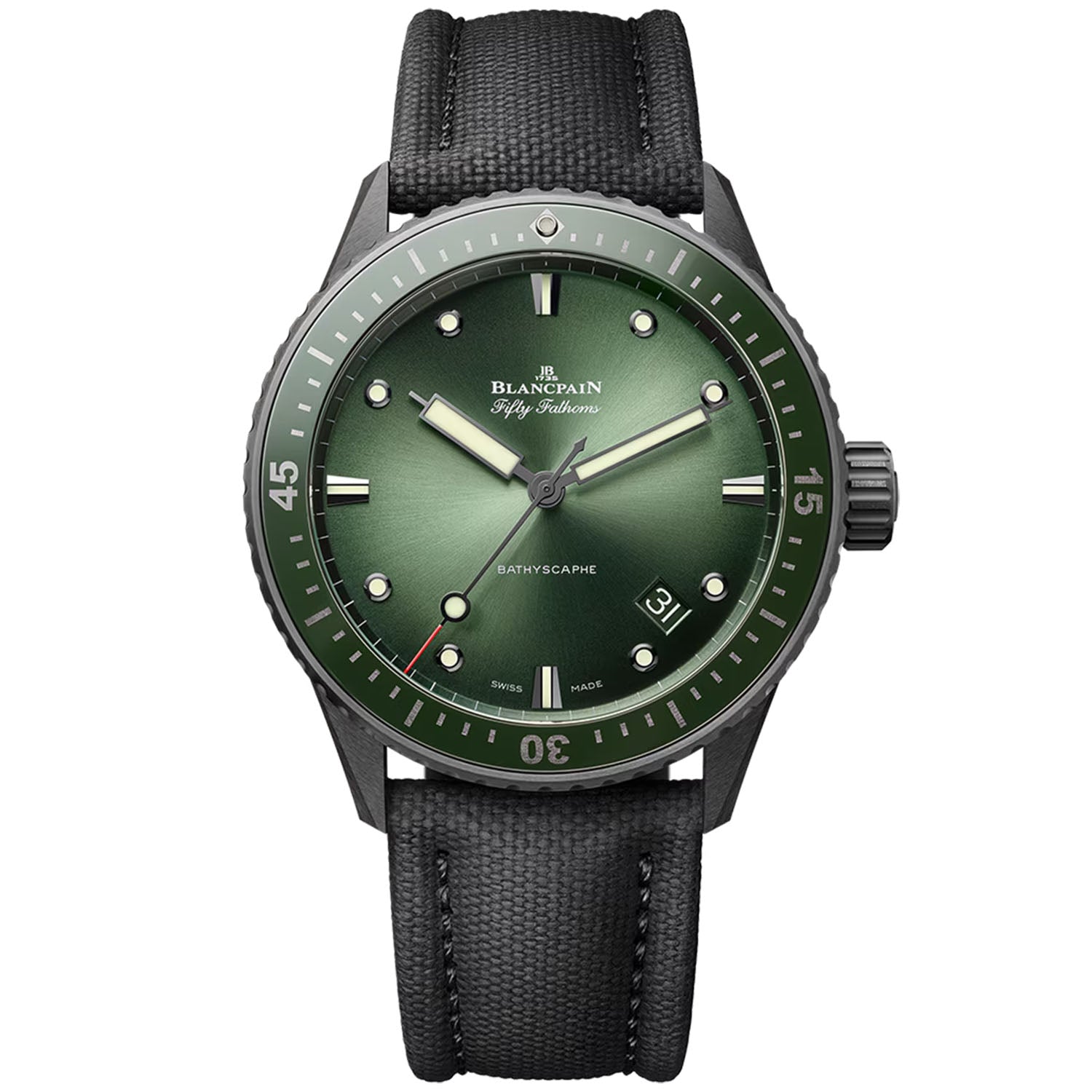 Blancpain Fifty Fathoms Bathyscaphe 43.6mm Green Dial & Canvas Strap Watch - Berry's Jewellers