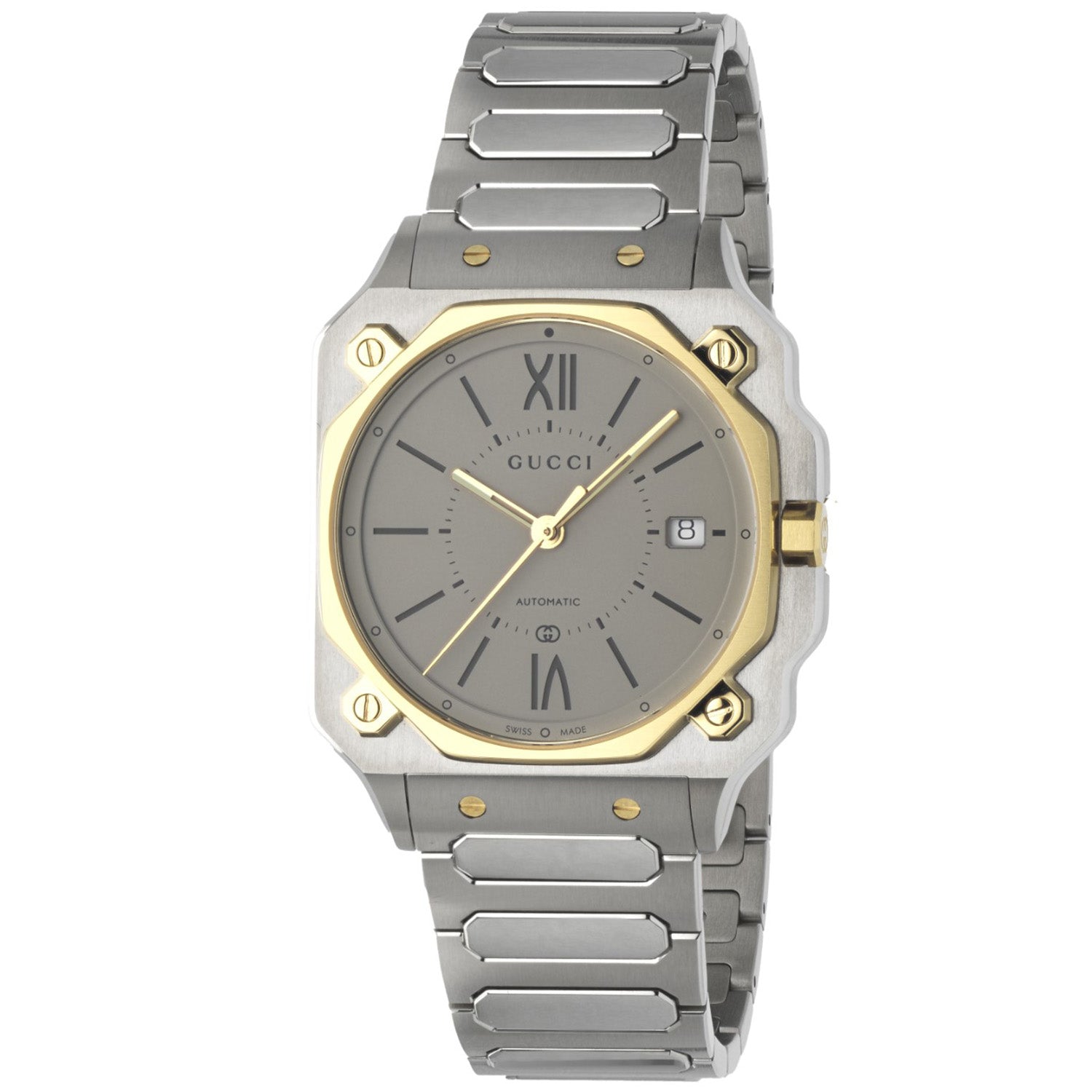 Gucci Gucci G-Flat Automatic 36 mm Stainless Steel Silver Dial Gold Plated Bezel Bracelet Watch - Berry's Jewellers