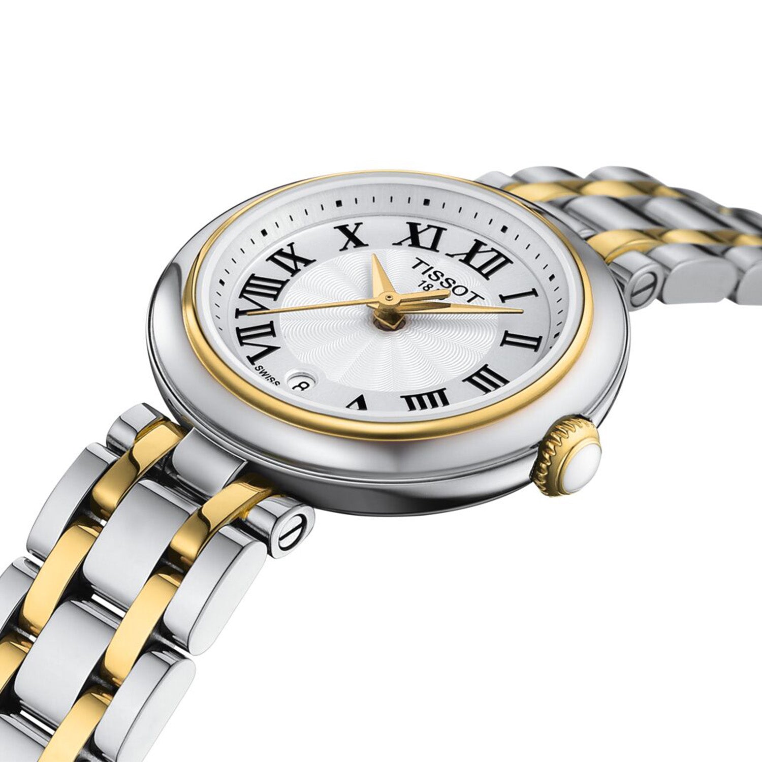 Tissot Bellissima Small Lady 26mm White Dial Steel and Yellow Gold PVD Bracelet Watch - Berry's Jewellers