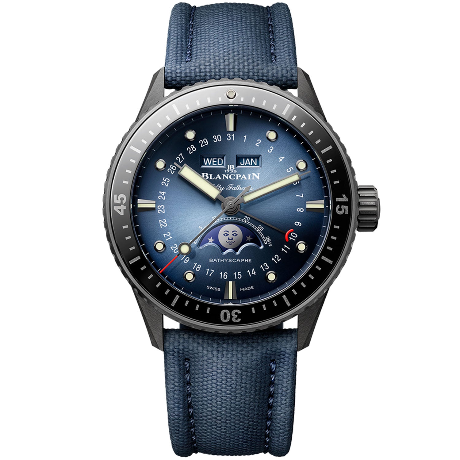 Fifty Fathoms Bathyscaphe Quantième Complet 43.6mm Phases de Lune Strap Watch