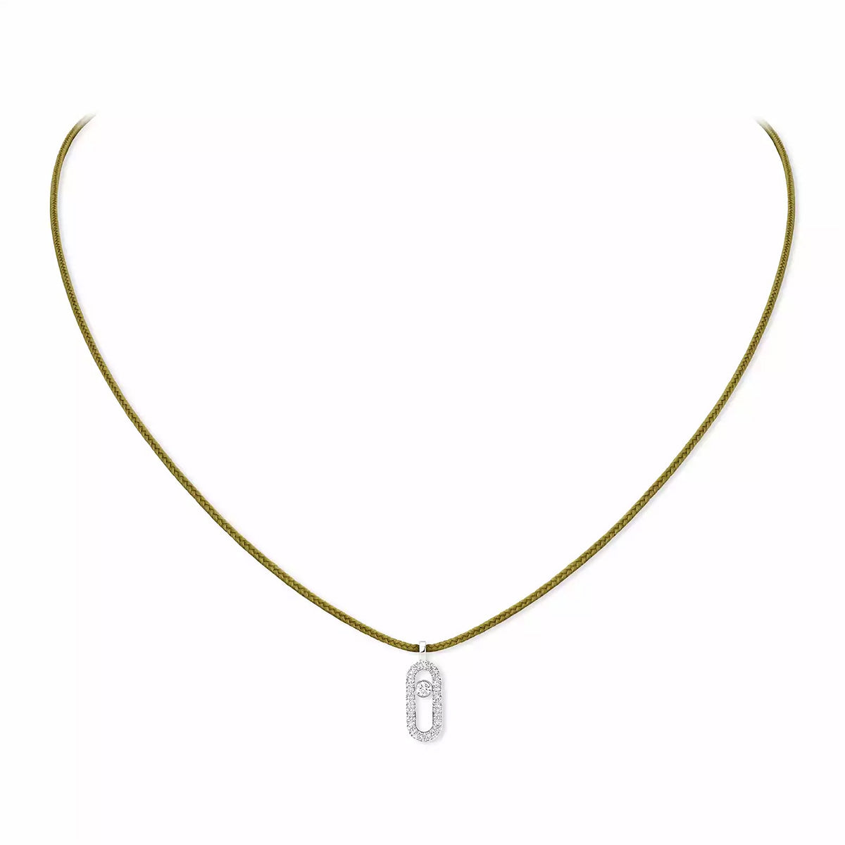 18ct White Gold Diamond Messika Cares Necklace On A Khaki Cord