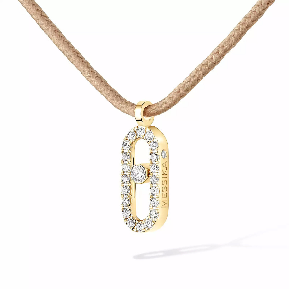 18ct Yellow Gold Diamond Messika Cares Necklace On A Beige Cord