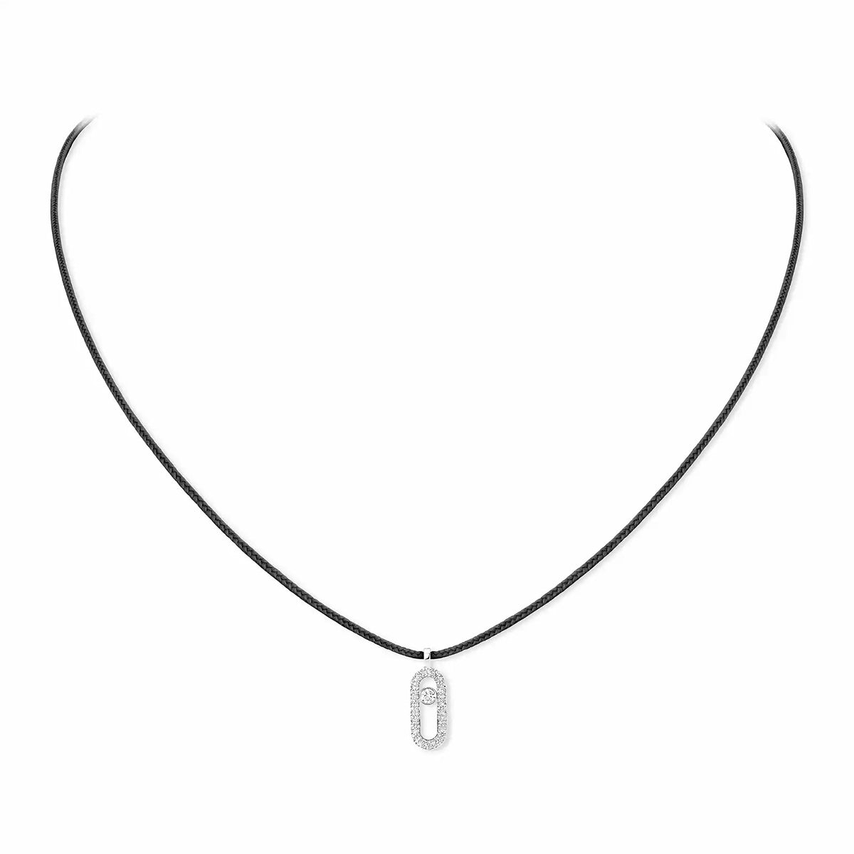 18ct White Gold Diamond Messika Cares Necklace On A Black Cord