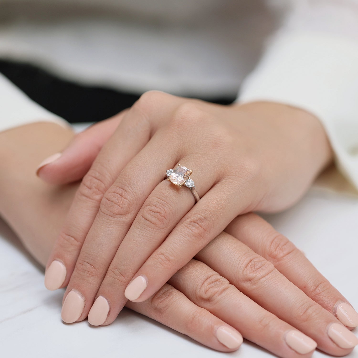 18ct White Gold Cushion Cut Morganite And Diamond Trilogy Ring With 18ct Rose Gold Claws