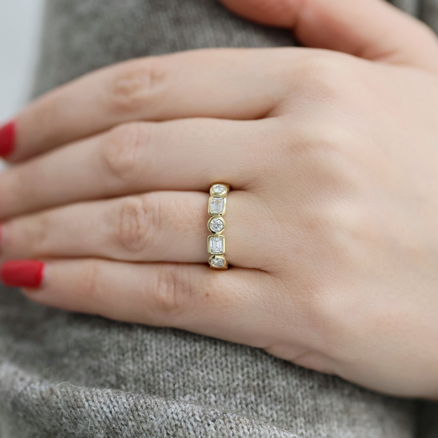 Berry's 18ct Yellow Gold Round And Emerald Cut Diamond Rub Over Set Eternity Ring - Berry's Jewellers