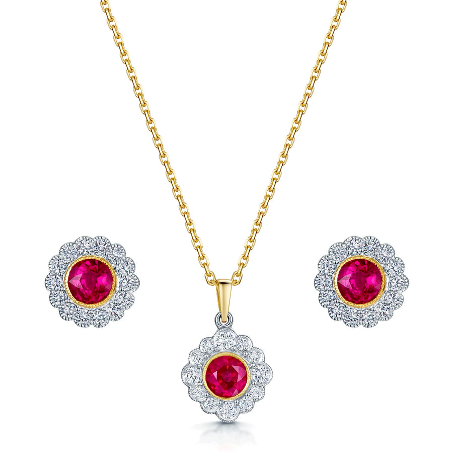 18ct Gold Ruby & Diamond Cluster Pendant & Earring Set