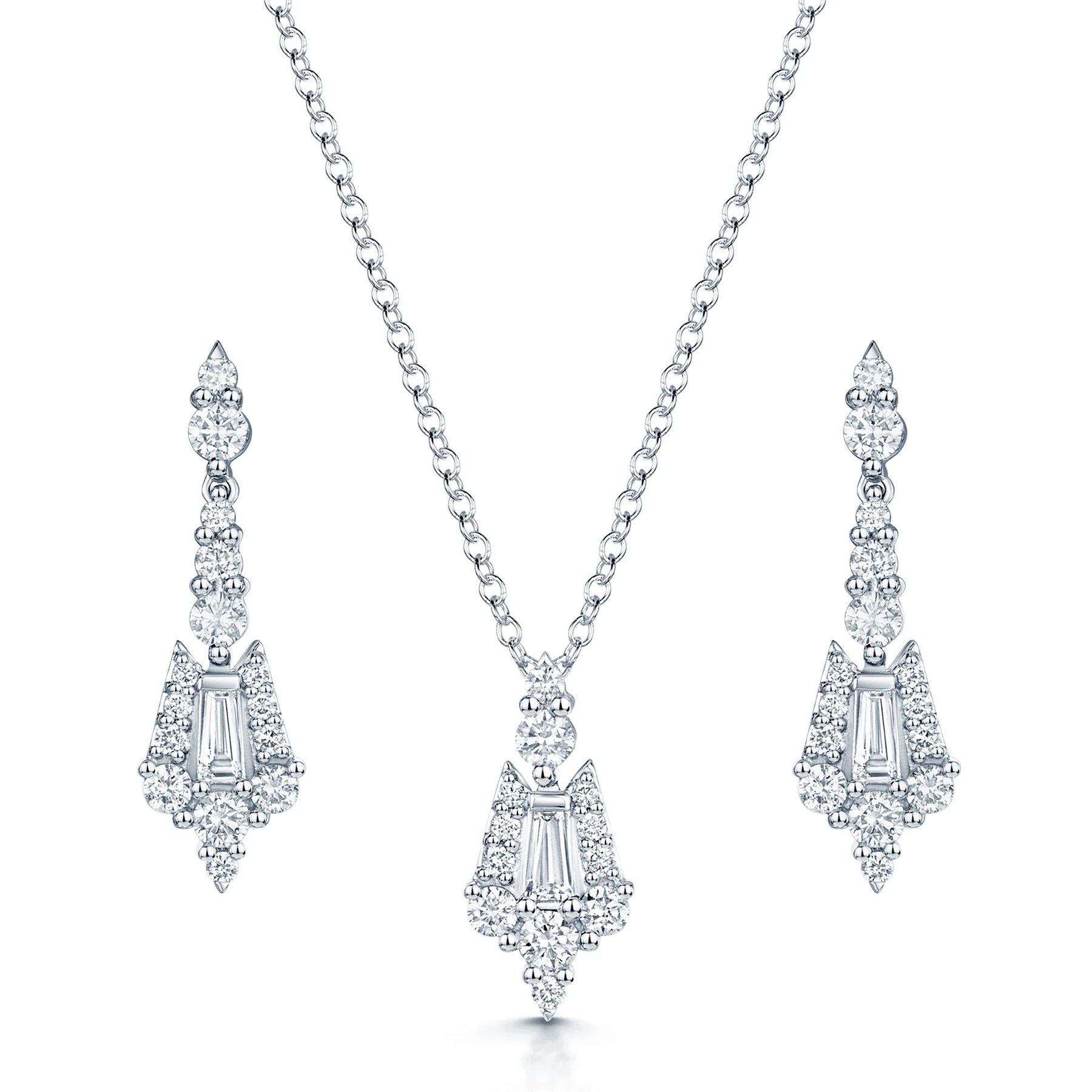 18ct White Gold Brilliant & Baguette Cut Diamond Pendant & Earring Set