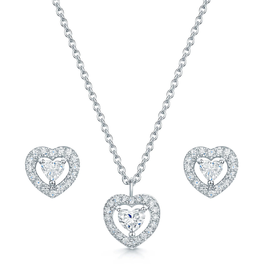 18ct White Gold Diamond Heart Pendant & Earring Set