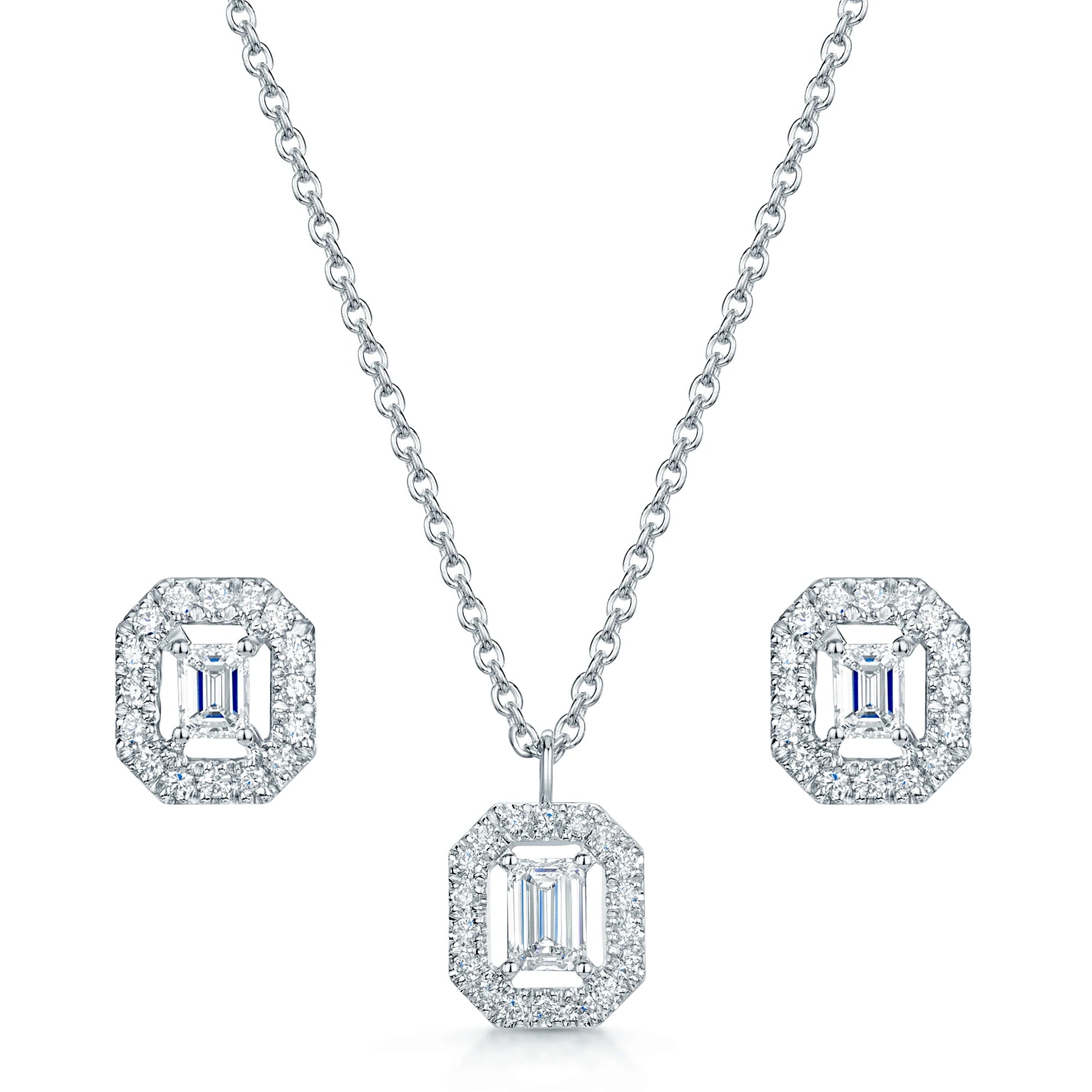 18ct White Gold Emerald Cut Diamond Pendant & Earring Set