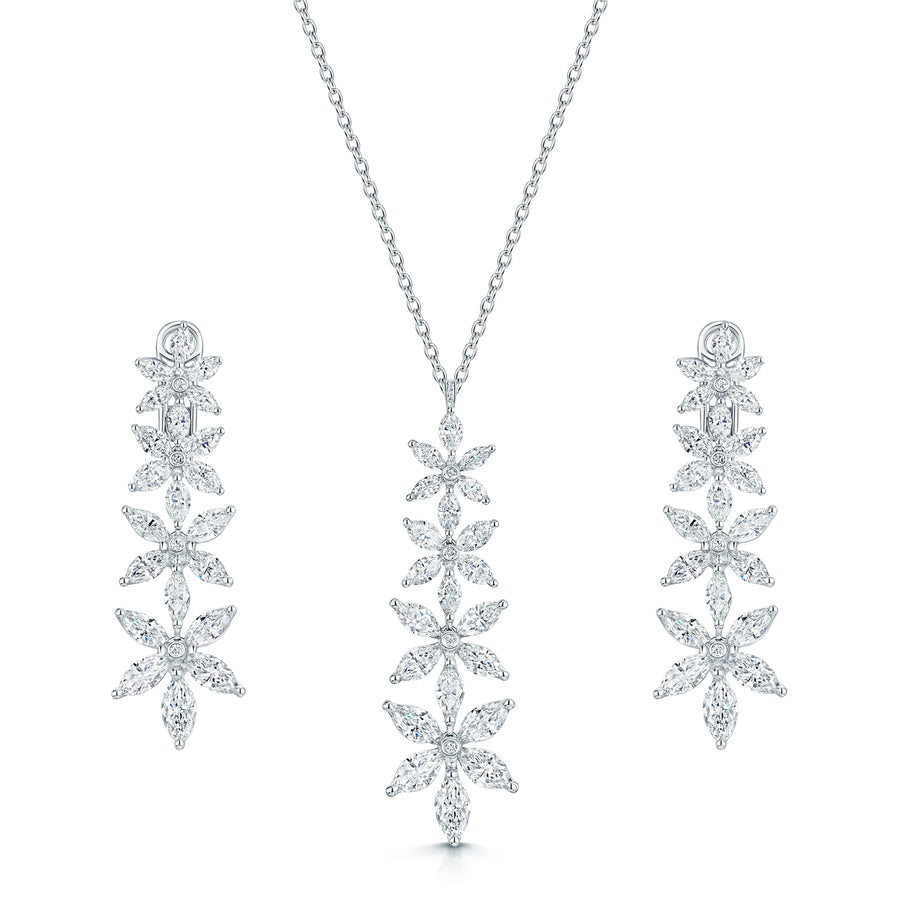 18ct White Gold Marquise Cut Diamond Flower Pendant & Earrings