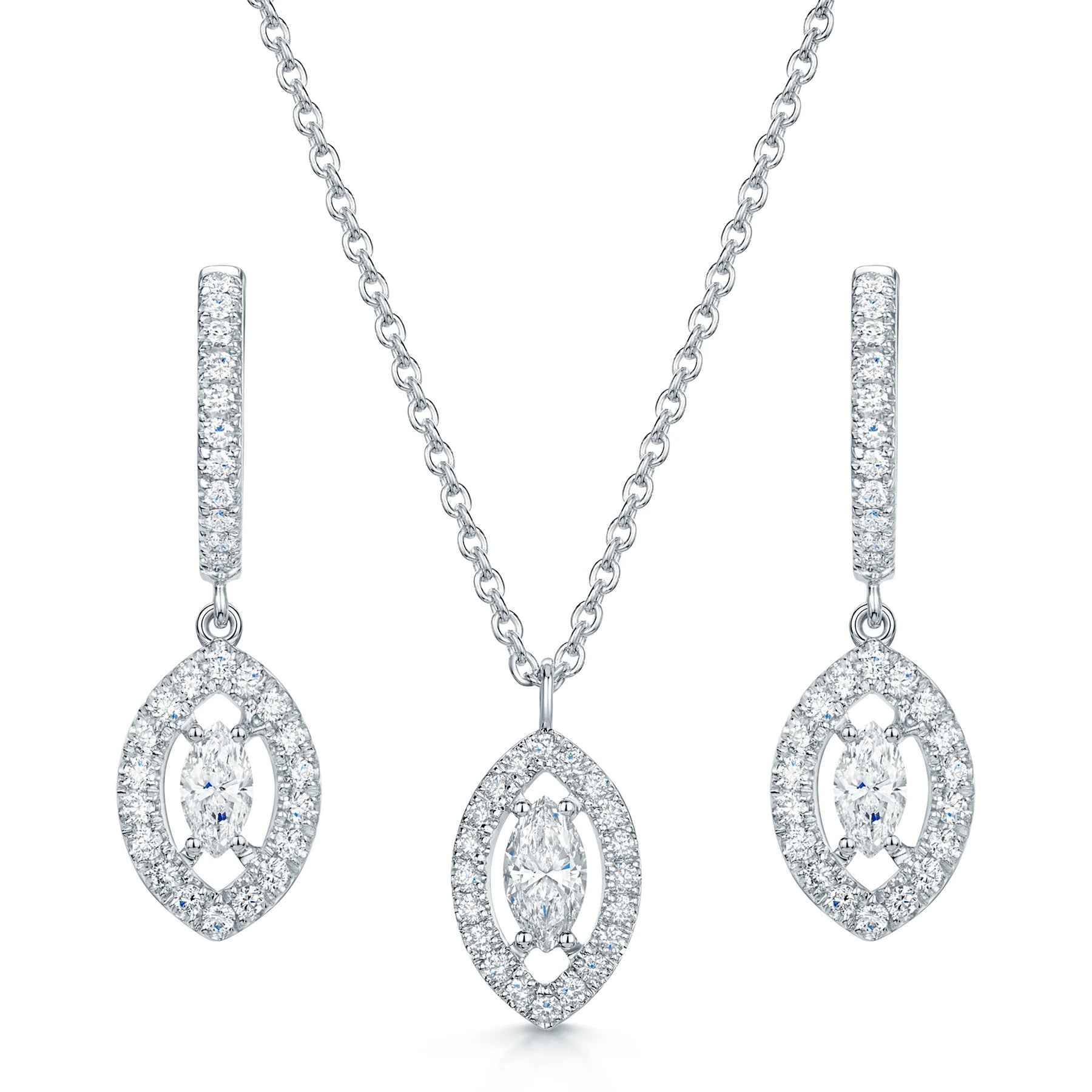 18ct White Gold Marquise Cut Diamond Pendant & Earring Set