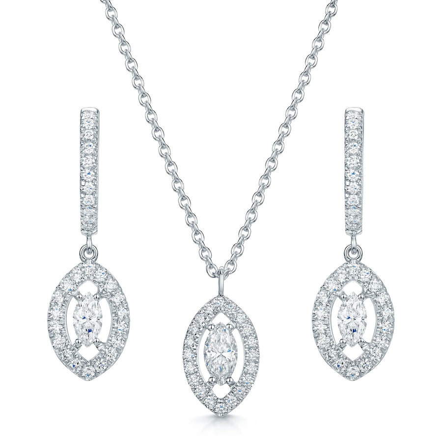 18ct White Gold Marquise Cut Diamond Pendant & Earring Set