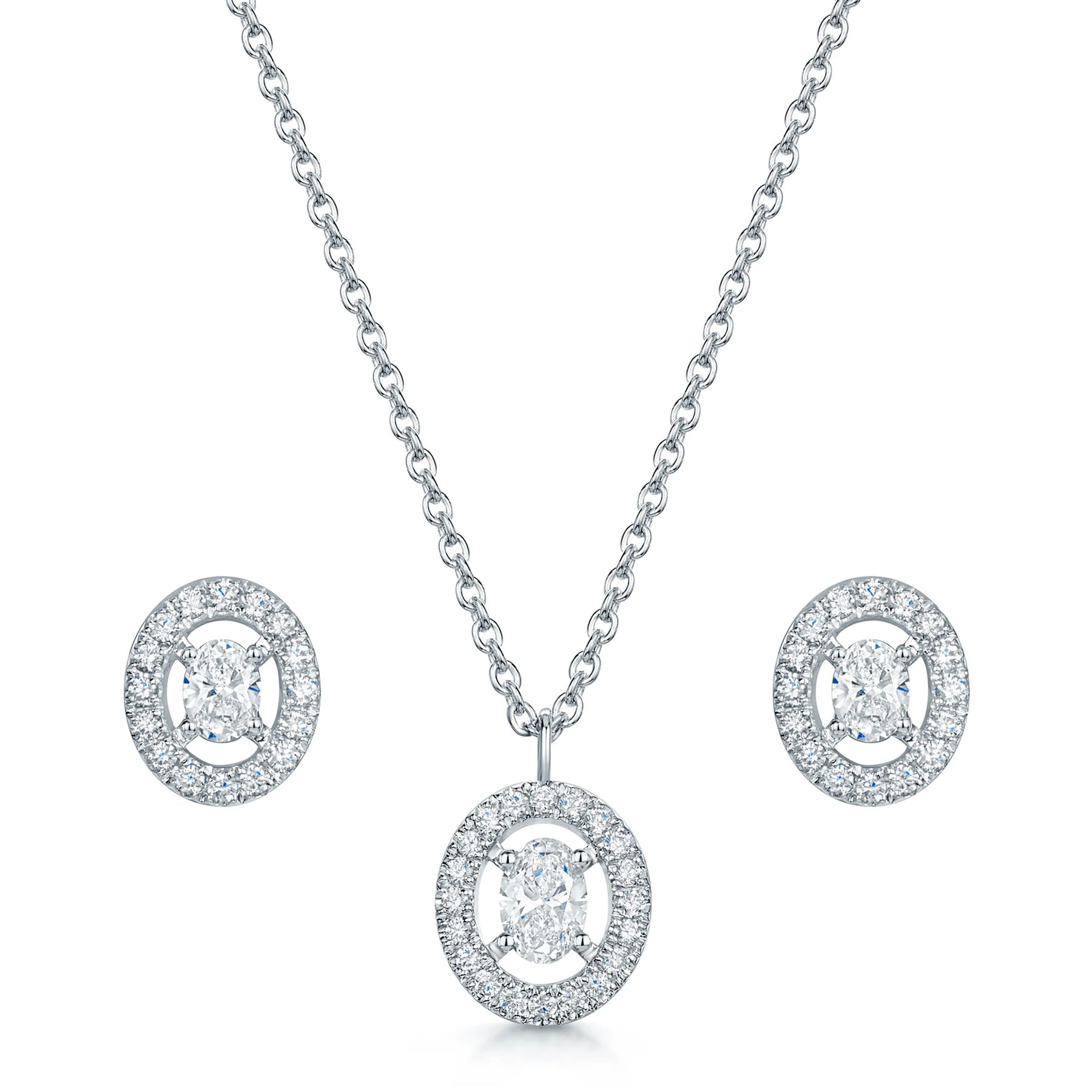 18ct White Gold Oval Diamond Halo Pendant & Earring Set