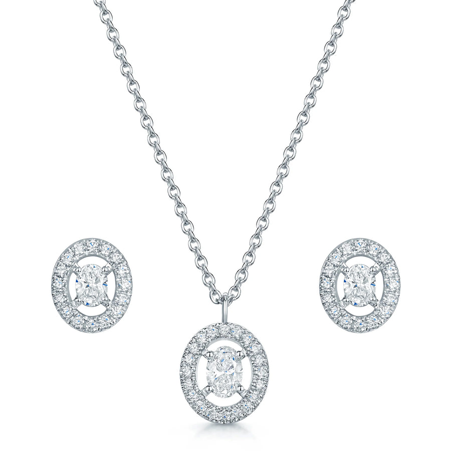 18ct White Gold Oval Diamond Halo Pendant & Earring Set