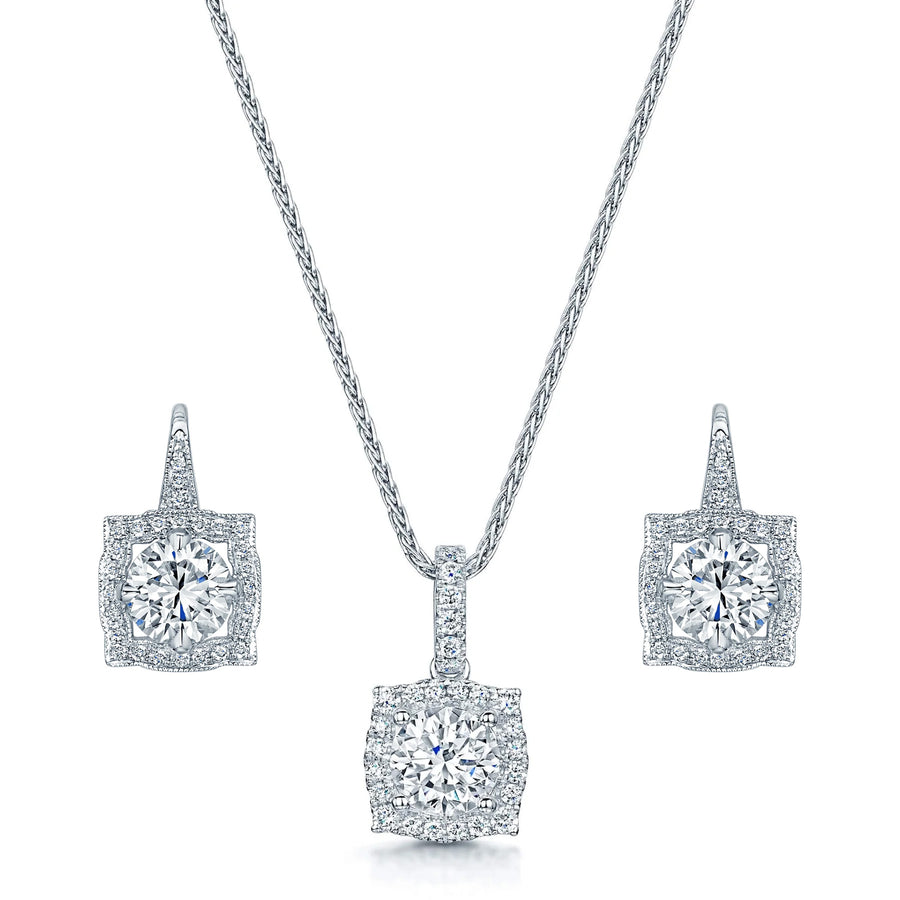 18ct White Gold Vintage Style Diamond Pendant & Earrings Set