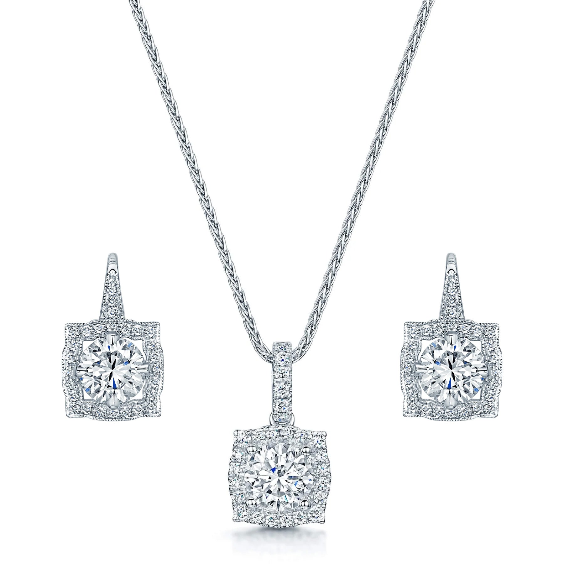 18ct White Gold Vintage Style Diamond Pendant & Earrings Set