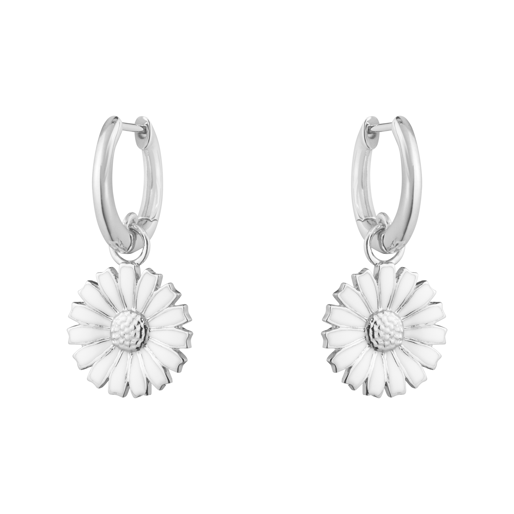 Daisy Silver And White Enamel Hoop Drop Earrings