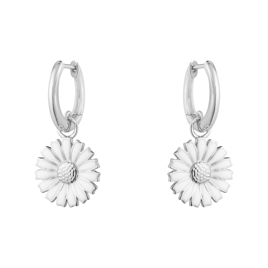 Daisy Silver And White Enamel Hoop Drop Earrings