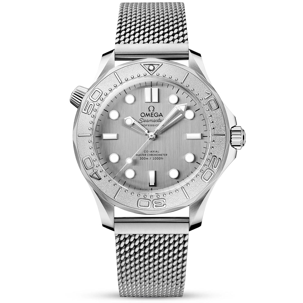 OMEGA Seamaster Diver 300m 42mm Grey Dial Mens Mesh Bracelet Watch - Berry's Jewellers