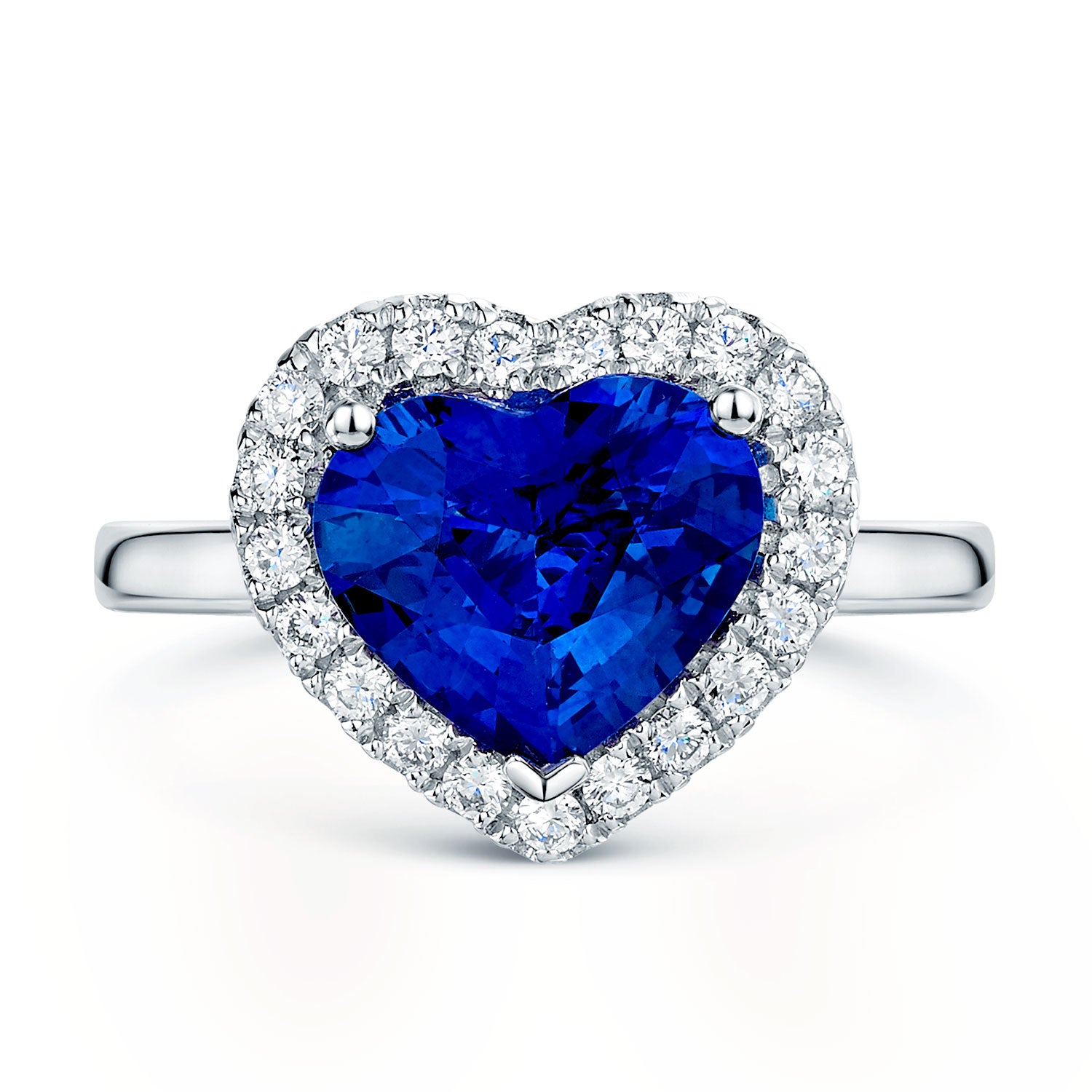 Platinum Heart Cut Blue Sapphire And Round Brilliant Cut Diamond Halo Ring