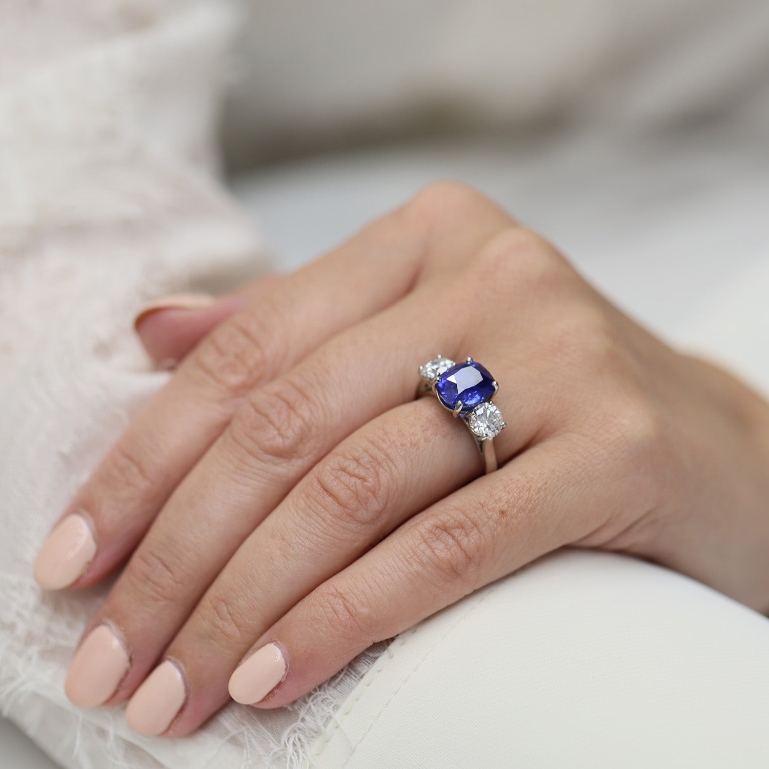 Platinum GIA Certificated Cushion Unheated Sri Lankan Sapphire And Round Brilliant Diamond Three Stone Ring