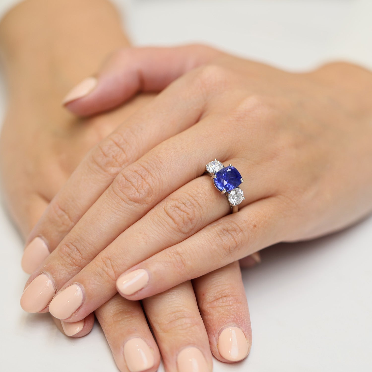 Platinum GIA Certificated Cushion Unheated Sri Lankan Sapphire And Round Brilliant Diamond Three Stone Ring