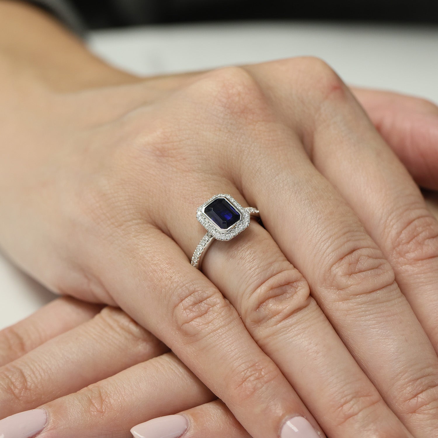 Platinum Emerald Cut Sapphire And Diamond Cluster Ring With Diamond Set Shoulders