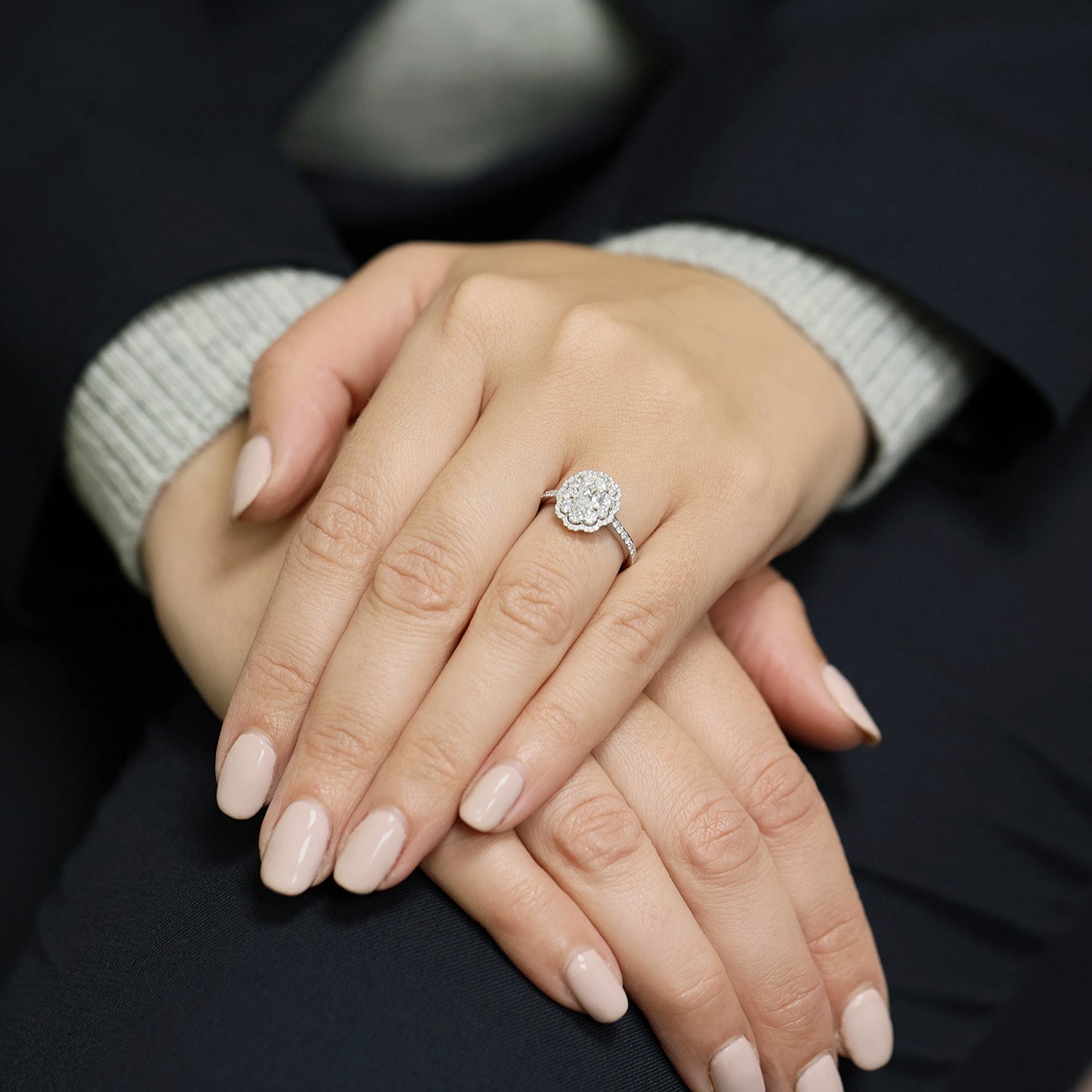 Platinum GIA Certificated Oval Diamond Double Halo Cluster Ring With Round Brilliant Cut Diamond Set Shoulders