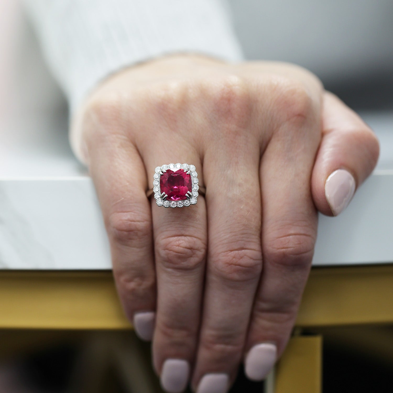 Platinum Rubellite Ring In A Diamond Halo Setting Ring