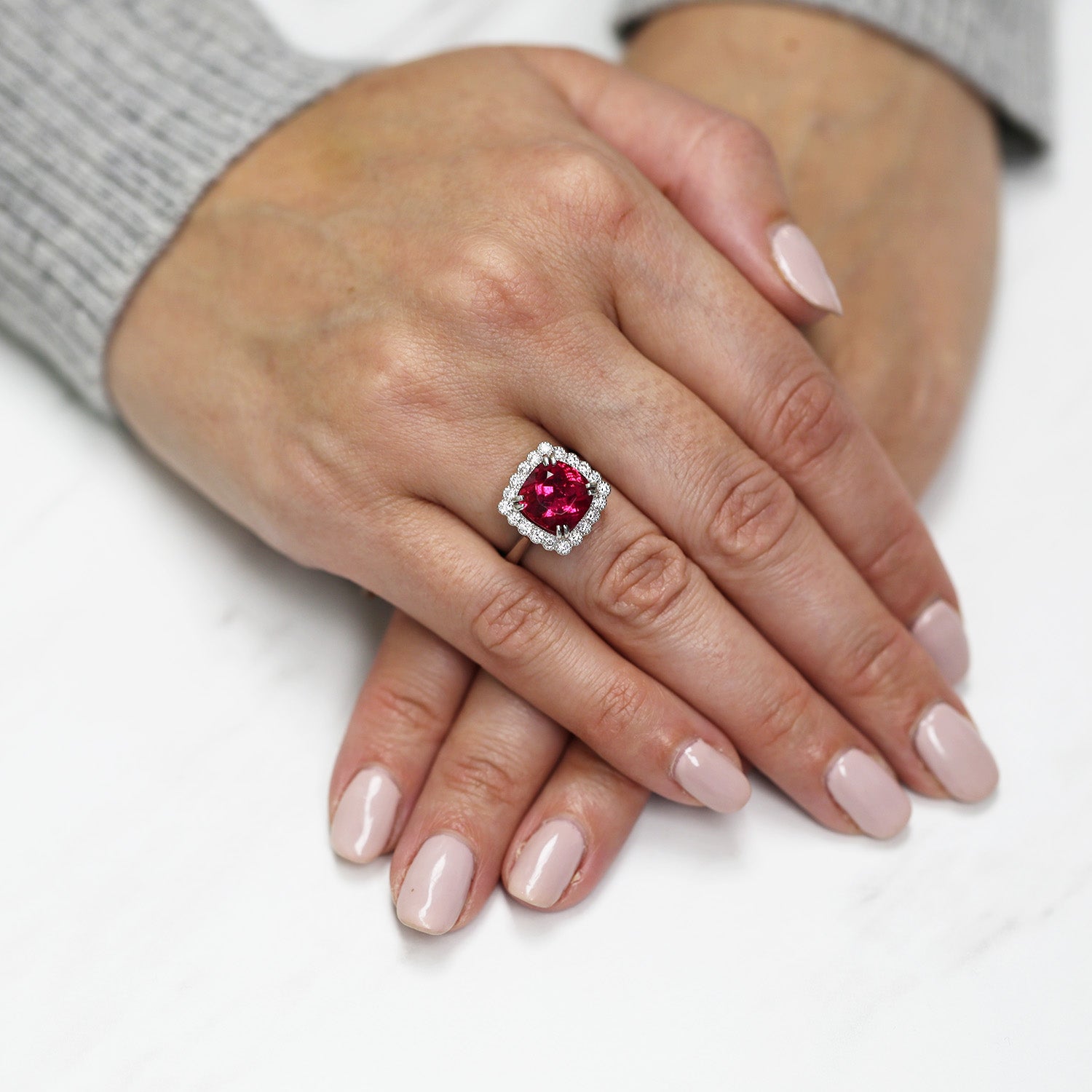 Platinum Rubellite Ring In A Diamond Halo Setting Ring