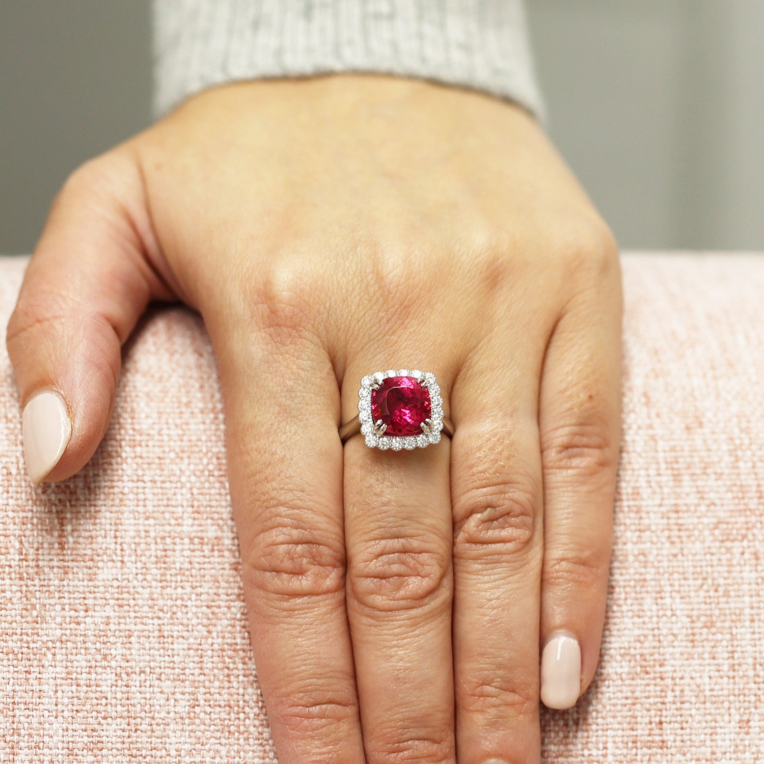 Platinum Rubellite Ring In A Diamond Halo Setting Ring