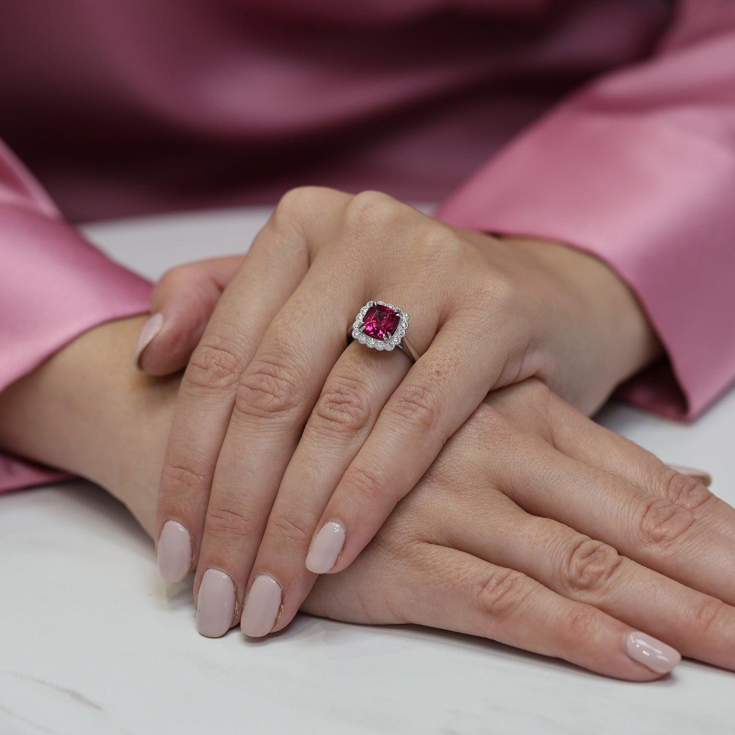 Platinum Cushion Shape Rubelite Tourmaline And Diamond Halo Cluster Dress Ring