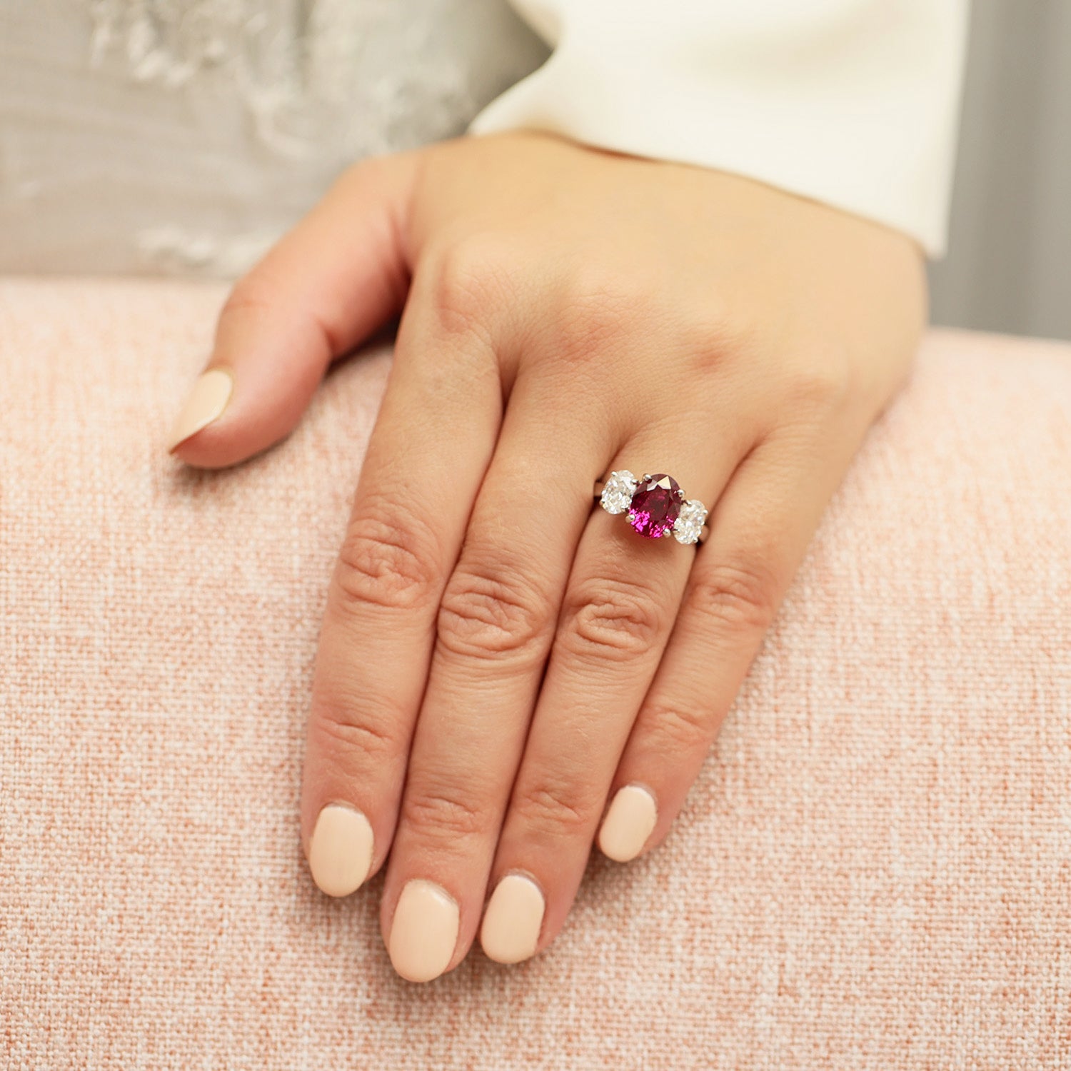 Platinum Oval Unheated Madagascan Ruby And Oval Diamond Three Stone Ring