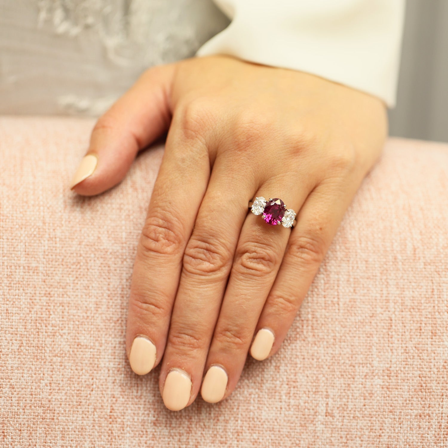 Platinum Oval Unheated Madagascan Ruby And Oval Diamond Three Stone Ring