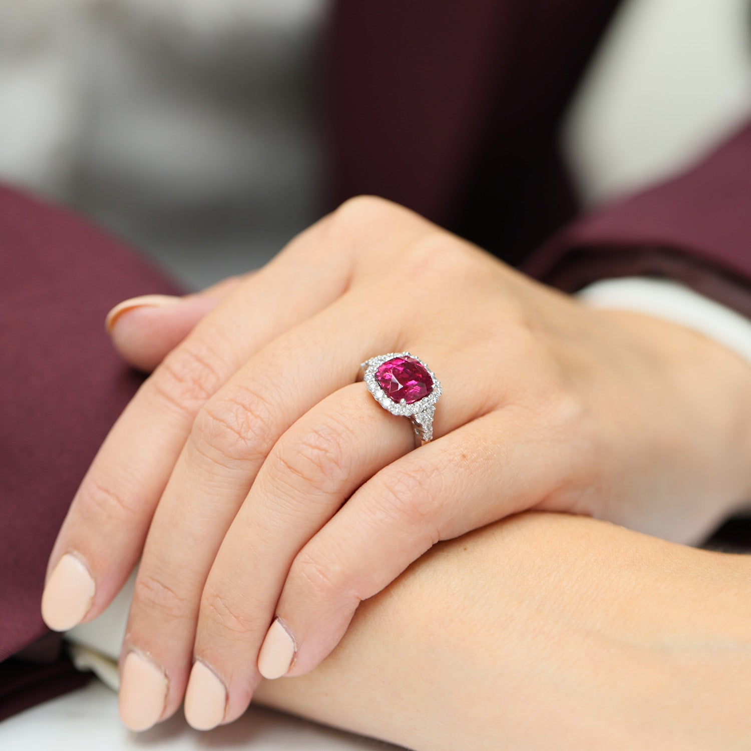 Platinum Cushion Shape Rubelite Tourmaline And Diamond Halo Cluster Dress Ring With Diamond Shoulders