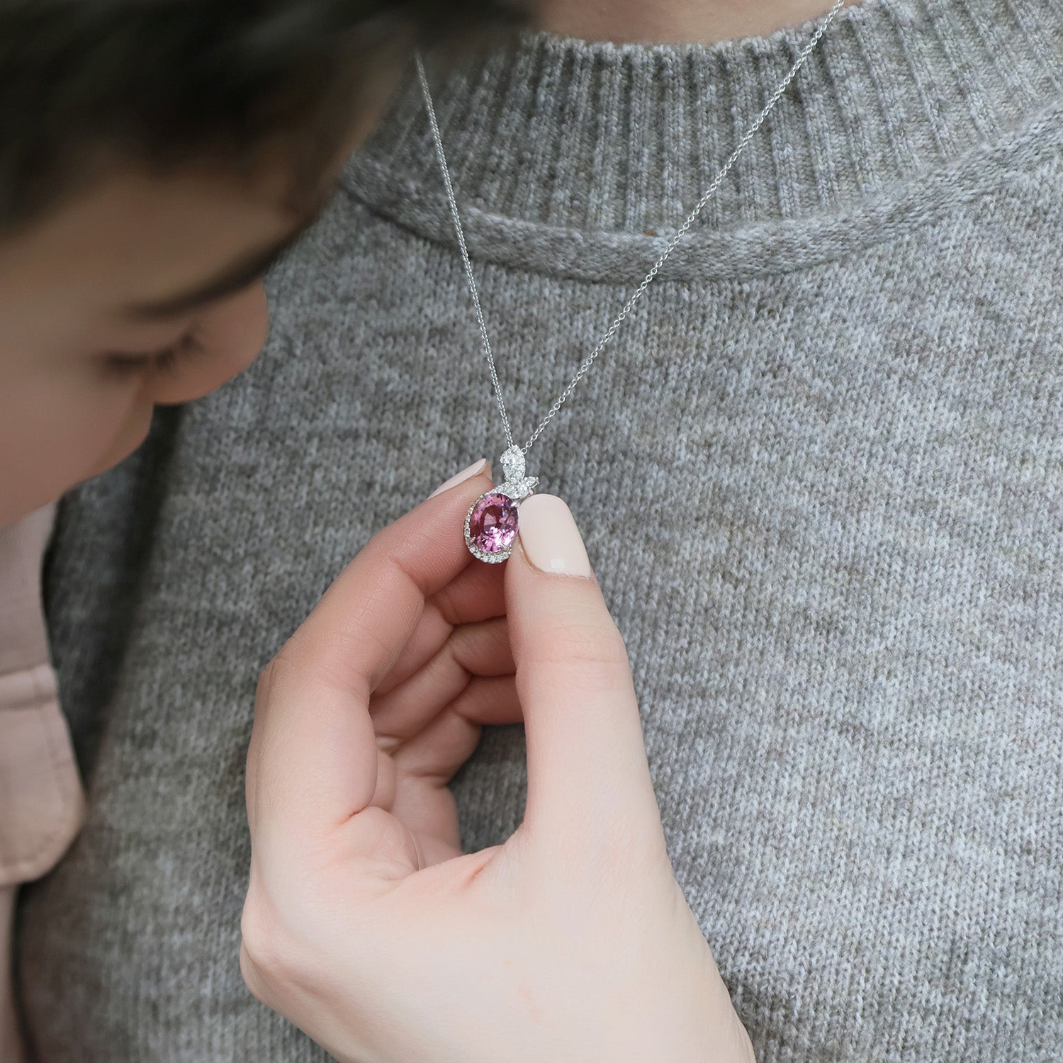 18ct White Gold Spinel & Diamond Pendant With Open Halo Twist Design Of Round Brilliant & Marquise Cut Diamonds