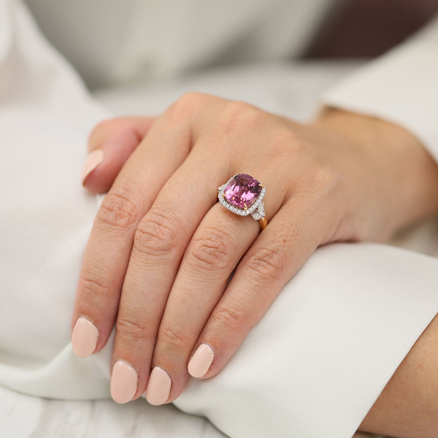 18ct Rose & White Gold Cushion Cut Pink Tourmaline Diamond Halo Ring With Marquise Cut Diamond Shoulders